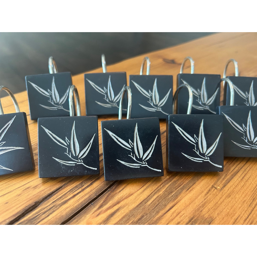 Pretty set of 12 black square shower hooks with white bird of paradise design
